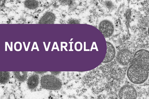Banner com imagens do virus da variola do macaco em preto e branco e no centro o texto Nova Variola